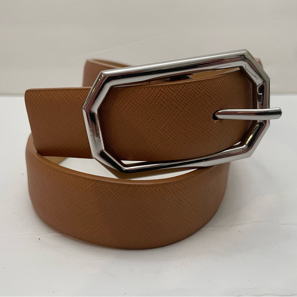 Style & Co. vegan leather belt. Size Small. Tan 34”Silver buckle.